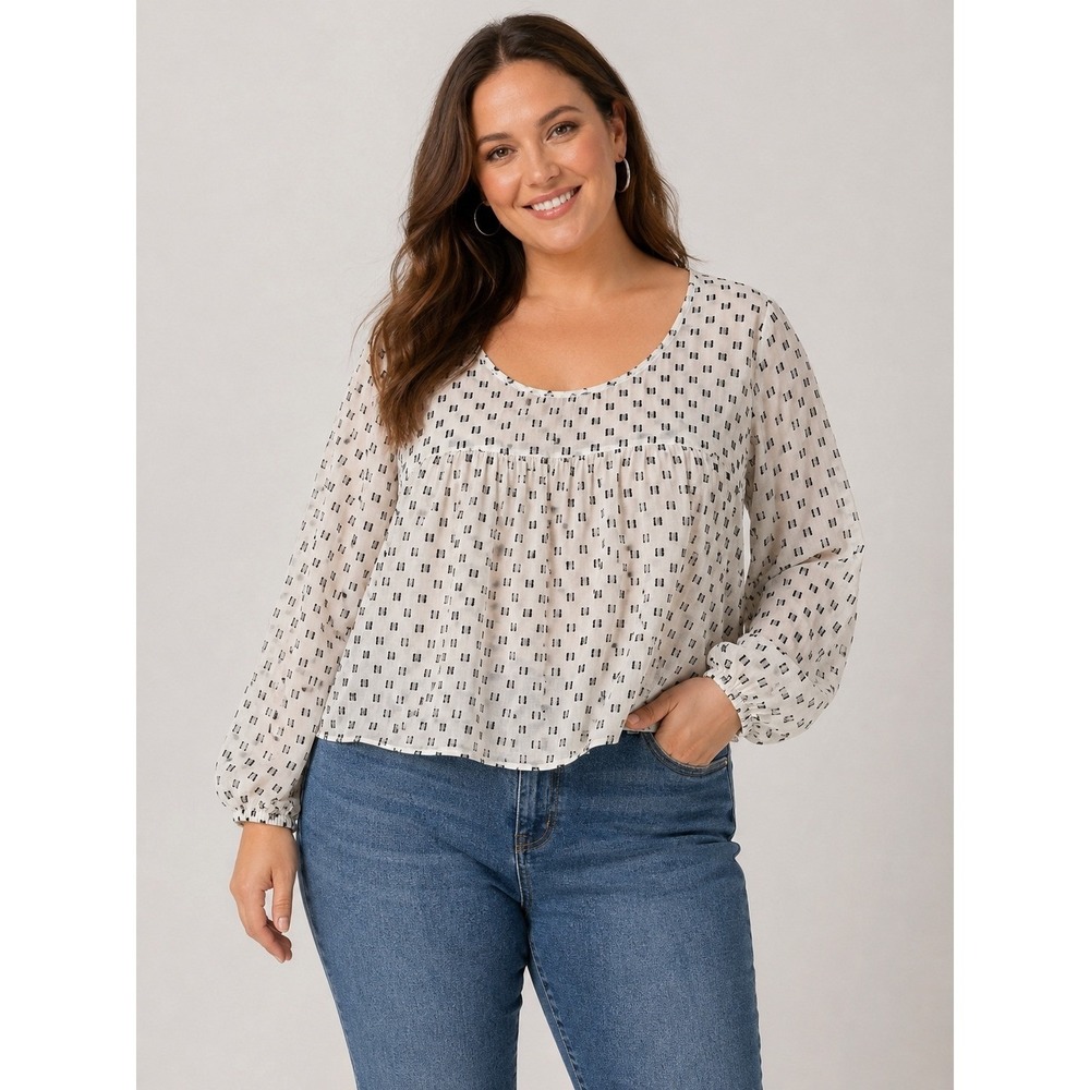 Womens XL White Black Geometric Dot Babydoll Blouse Balloon Sleeve Cottagecore